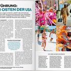 "Einführung: Der Osten der USA" ist der Haupttitel. Texte beschreiben kulturelle Unterschiede, Einwanderung und Dialekte. Bilder zeigen bunte Paraden und Strandszenen.