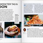 "Mein perfekter Tag in London" steht groß, gefolgt von Texten über Erlebnisse, Märkte und Essen. Darunter Fotos von Brick Lane, einem belegten Bagel und Gebäck.