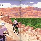 Text: "AFRIKA". Illustration von Radfahrern auf einem Pfad in einer felsigen Landschaft mit Palmen und kleinen Häusern.