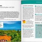 Links: Informationen zu "Essen & Trinken" und "Einkaufen". Rechts: Details zu "Stell- & Campingplätze". Untere Hälfte: Bild von einer Skulptur im Wasser, die einen gestreiften Wal mit rotem Herz darstellt.