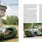 Text: "Gott sei Dank Geschichte: Wachturm und Trabant – zwei Relikte aus vierzig Jahren DDR. FAHRZEUGE AUS DDR-PRODUKTION".  
Links: Wachtturm, grüner Trabant mit offenem Verdeck. Rechts: Grüner Trabant von der Seite.