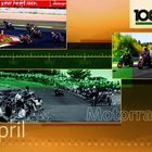 "April", "Motorrad", "DO FR SA SO", Linie mit Jahren. Motorräder auf Rennstrecke, diverse Fotos und Logo oben rechts.