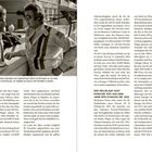 Zwei Männer in Rennanzügen stehen nebeneinander, scheinen sich freundschaftlich zu unterhalten. Links im Text: Details zu Filmen und Autos. Rechts detaillierte Story über McQueens Porsche 917K.