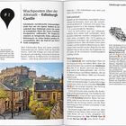"Wachposten über der Altstadt – Edinburgh Castle. Schottlands meistbesuchte Sehenswürdigkeit. Edinburgh... Der Vulkanfelsen war steil..." 

Das Bild zeigt ein zweiseitiges Layout aus einem Buch über Edinburgh Castle. Links ist ein Foto der Burg auf einem Felsvorsprung, umgeben von historischen Gebäuden und Pflanzen. Der Text bietet detaillierte Informationen über die Geschichte und Architektur der Burg.