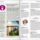 **Texte:**  
- "Kleine Französinnen zum Knabbern"
- "Wo essen Auf Nachhaltigkeit trifft"
- "Vegetarisch vom Feinsten"
- "Trügerische Karte"

**Beschreibung:**  
Doppelseite mit Text über Restaurants und Gastronomie in Porto, dazu ein Bild von einem Tisch am Wasser.