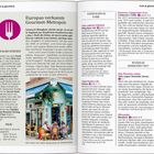 "Europas verkannte Gourmet-Metropole. So beginnt ein guter Tag in London. Espresso, Cappuccino & Co." 

Links ist ein großes, purpurfarbenes Symbol eines Bestecks. 

Zu sehen ist eine Straßenszene mit einer Caféterrasse und bunten Tischstühlen.