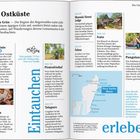 "Die Ostküste", "Feuchtes Grün", "Nosy Sainte Marie", "Hier gedeiht 75 Prozent der Weltproduktion von Vanille", "Eintauchen", "erleben", "Piratenfriedhof", "Masoala Forest Lodge", "Ivato", "Pangalan-Kanal", "Sambava", "Tolagnaro". Enthält zwei Fotos und eine Karte von Madagaskar.