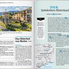 **Seite 242:**   
"Feiern" und "Infos" mit Details zu Veranstaltungen. "Das Hinterland von Menton" mit Informationen zu Bergdörfern. Schöne Landschaft mit Brücke und traditionellen Gebäuden.   

**Seite 243:**   
"TOUR Spektakuläres Hinterland" über einen Ausflug mit der Tende-Bahn. Infokasten und Karte des Gebiets.