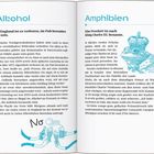 Linke Seite: Titel "Alkohol", Hauptaussage, dass es in England verboten ist, im Pub betrunken zu sein. Rechte Seite: Titel "Amphibien", Hauptaussage, dass eine Froschart nach König Charles III. benannt ist. Illustration: Frosch mit Krone. 