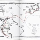 Illustration einer Weltkarte mit Routen von Peru nach Europa, über Orte wie Kolumbien, Kapverden und Lissabon.