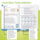 Texte: "Lesen üben, Texte entdecken", "Lies dich fit", "Lesetraining am Ende jedes Kapitels", "Verweis auf Leseschatz".