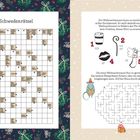 Schwedenrätsel mit Weihnachtsmotiven. Rechts Suche nach Weihnachtswort; Symbole, Zahlen, Labyrinth mit Maus.