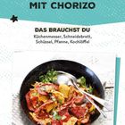 Oben steht "Tortilla-Pfanne mit Chorizo". Darunter "Das brauchst du" mit einer Liste von Küchenutensilien. Ein Teller mit Chorizo-Gericht ist abgebildet.