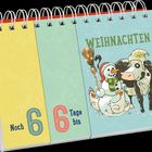 "Noch 6 Tage bis Weihnachten." Illustration: Ein Schneemann mit Koala und Weihnachtsbaum in winterlicher Szene.