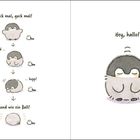 Guck mal, guck mal! Ein Pinguin formt sich wie ein Ball. Hey, hallo! Freundliche Illustration mit kleinem Vogel.