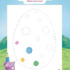 "Was versteckt der Osterhase? Male bunt aus!" Illustration: Ein gepunktetes Ei, eine Maus mit Stift, blauer Himmel, Wiese.