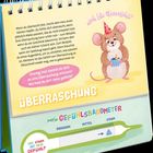 ÜBERRASCHUNG. Gefühlsthermometer. Ich bin überrascht. Illustration: Eine Maus mit Partyhut und Geschenk.
