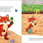 Ein Fuchs lädt einen Luchs ein, Burgen zu bauen. Sie erschaffen zusammen ein Sandschloss in einer bunten, fröhlichen Szene.