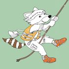 Ein Waschbär mit orangefarbener Kletterausrüstung, Seil und Schuhen klettert nach oben. Illustrationsstil auf grünem Hintergrund.