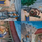 Illustration mit Tieren in Rüstungen; Bäume, Kanonen, Burgturm und eine Sternennacht sind zu sehen.