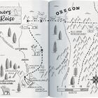 Karte mit "Feuers Reise" und Orten wie Oregon, Idaho, Enterprise und Joseph. Tiere und Wälder sind dargestellt.