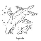Text: "Liopleurodon." Eine Illustration zeigt zwei prähistorische Meerestiere mit Flossen und aufgerissenen Mäulern.