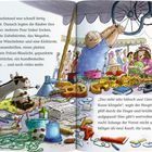 Texte beschreiben den Verkauf von skurrilen Waren, umgeben von farbenfrohen Charakteren auf einem trubeligen Markt.