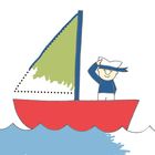 Illustration eines Matrosen in blauem Outfit auf einem roten Segelboot mit grüner Fahne, segelt auf blauen Wellen.