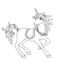 Keine Texte vorhanden. Eine Illustration eines Einhorns mit Mähne und Schweif, geschmückt mit Blumen.