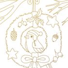 Ein Vogel mit Mütze in einem Kranz, verziert mit Blättern, Nüssen und Schleife. Feine Linienzeichnung.