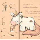 "Jetzt habe ich ein kleines Hüngerchen... Ich mag supergern Milch, Gänseblümchen und Muffins. Was isst du denn am liebsten?" 

Illustration: Ein Einhorn trinkt Milch.