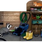 Text in einer Hütte; ein Waschbär, gelbe Gummistiefel mit einer Maus, ein Kätzchen auf einem Regal.