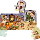 „Moment! Da fehlt doch was im Raum - Natürlich, unser Weihnachtsbaum!“ Illustrationen von fröhlichen Elfen beim Feiern.