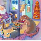 "Klingelingeling! Das Rentier steckt seinen Kopf zur Tür herein. 'Frohe Weihnachten!' Die Sterne zwinkern vom Himmel herunter..."

Ein gemütlicher Raum mit Weihnachtsbaum. Menschen und Tiere sitzen zusammen, strahlender Baum im Hintergrund.