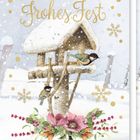 "Frohes Fest" in goldener Schrift, Illustration von einem Vogelhaus mit Schnee und Vögeln, umgeben von Blumen.