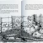 Ein Junge rennt vor einem großen Krokodil, das auf einer Straße mit Graffiti und Plakaten kriecht. Ein Fenster zeigt eine Katze.