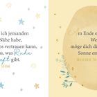 Links: Edith Stein-Zitat über Vertrauen, Ruhe und Kraft, dekoriert mit Sternen. Rechts: Irischer Segenswunsch mit Pflanzen.