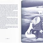 Seite enthält Text über eine winterliche Landschaft. Daneben Illustration: Person mit hellem Fuchs, schneebedeckte Bäume, Eisbär.