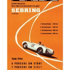 "PORSCHE Sportwagen-Weltmeisterschaftslauf Sebring (Florida). Team-Preis: 8 Porsche am Start, 7 Porsche am Ziel!"  
Illustration eines Rennwagens.
