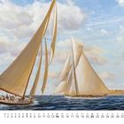 Kalenderblatt mit Segelschiffen im Meer. Oben prächtige Wolken und zwei elegante Segelboote im Wettbewerb.