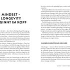 "MINDSET – LONGEVITY BEGINNT IM KOPF" und "JUNGBRUNNENFORMEL NEUGIER". Text über Positivität und Altern. Seitenzahlen: 176, 177.