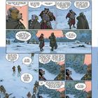 Eine Illustration zeigt eine Schneelandschaft, in der zwei anthropomorphe Tiere im Gespräch sind. Soldaten stehen im Hintergrund.