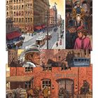 Text: "New York", "Abbot & Downing Work Shop". Historische Straßenszene mit Gebäuden, Kutschen und Menschen in eleganter Kleidung.