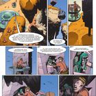 Comic mit Landschaft und Figuren: Fliegende Plattform, Tafelberge, ein Mann repariert eine Maschine, grüne Flüssigkeit.