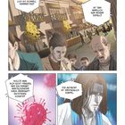 Texte in Sprechblasen: Anmerkungen über die Ausbreitung und Herkunft eines Virus. Illustration mit belebter Straße.