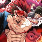 Ein blutverschmierter, muskulöser Mann mit freiem Oberkörper, umgeben von kämpfenden Charakteren in Anime-Stil und Flammen.