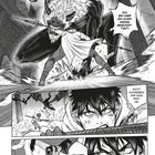 Illustration eines dramatischen Kampfes. Ein riesiges, gehörntes Wesen greift an. Figuren zeigen Entschlossenheit und Vertrauen.