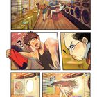 "Schnapp", "AH!", "12kg" und "2kg". Illustration einer lustigen Szene in einem Waschsalon mit überraschten Personen.