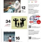 Texte: "Business Spotlight mit maximalem Lerneffekt", "12 Profile", "34 Leadership", "16 Economy". Fachkräfte in Schutzanzügen, Illustration von Personen, Frau in Küche.