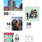 Seite mit Bildern: Radfahrer vor modernen Gebäuden, Mann im Anzug, Illustration von Menschen. Texte zu Städten, Profilen, Meetings.